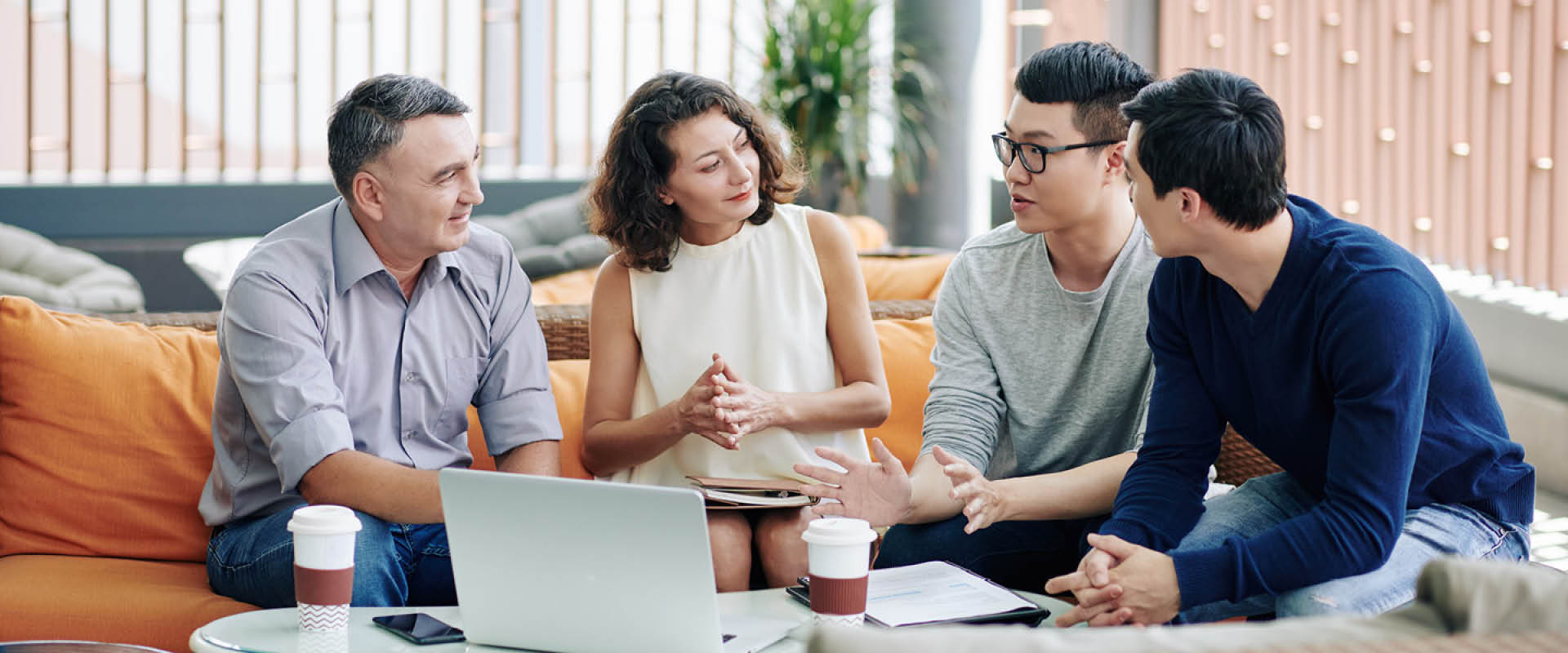 business people listening to colleague